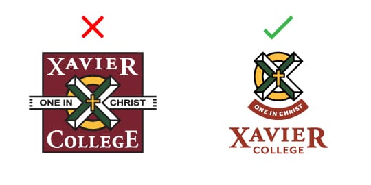 The old Xavier College logo with a red X above it, beside the new Xavier College logo with a green tick above it.