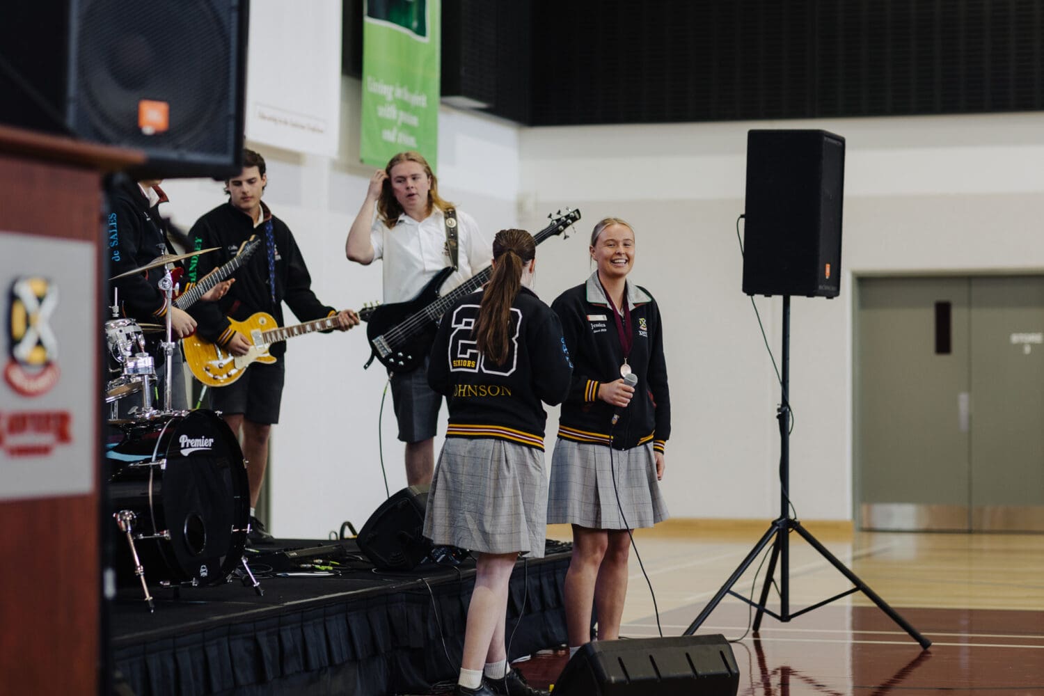 A student band having fun performing at assembly